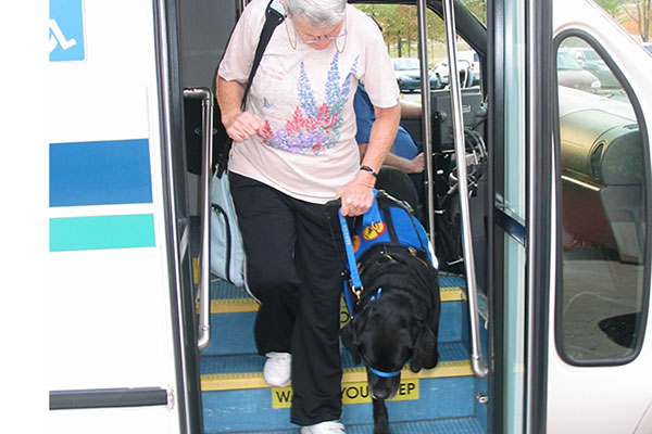 person with dog exiting bus